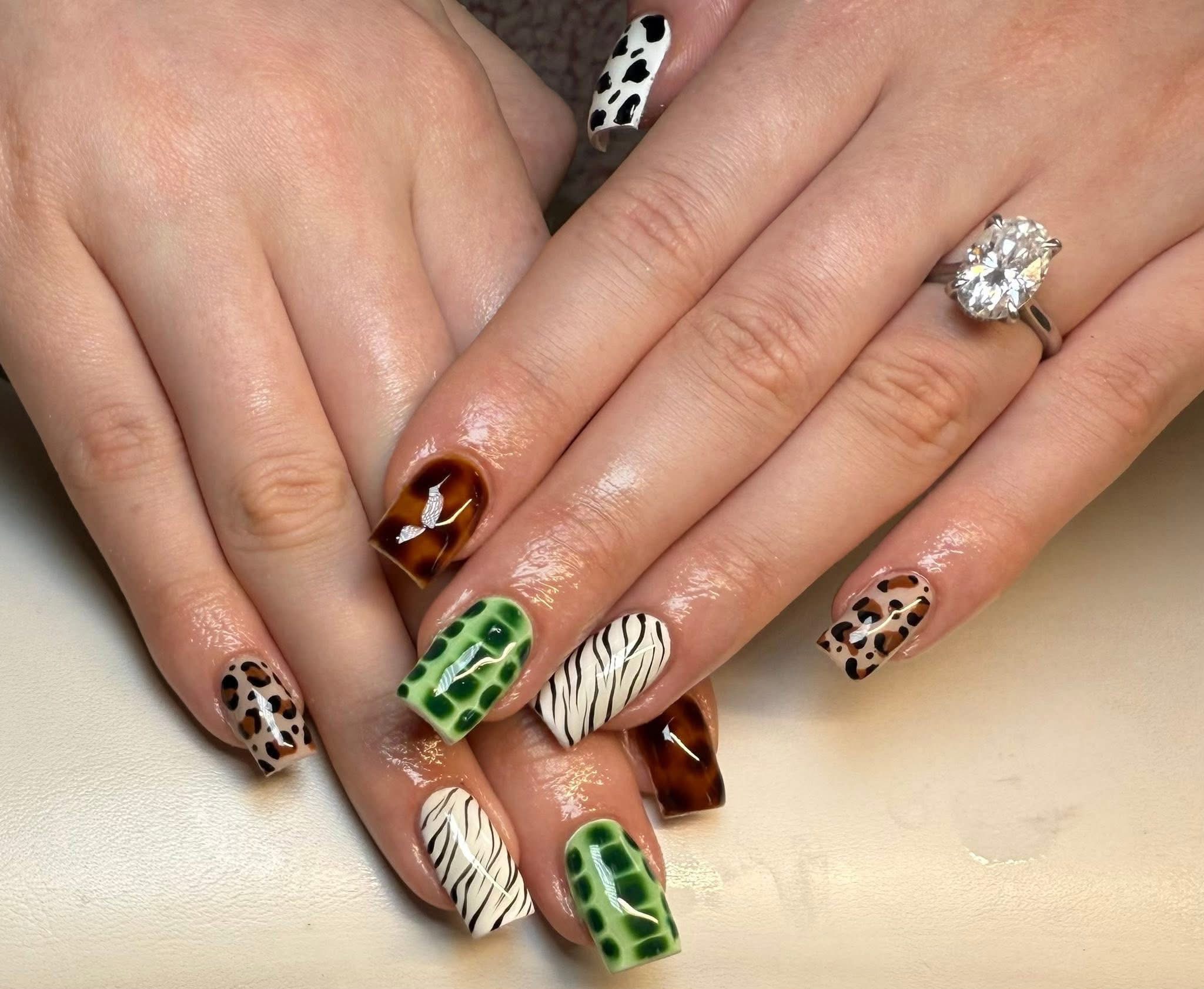 Colourful mixed animal-print nail art