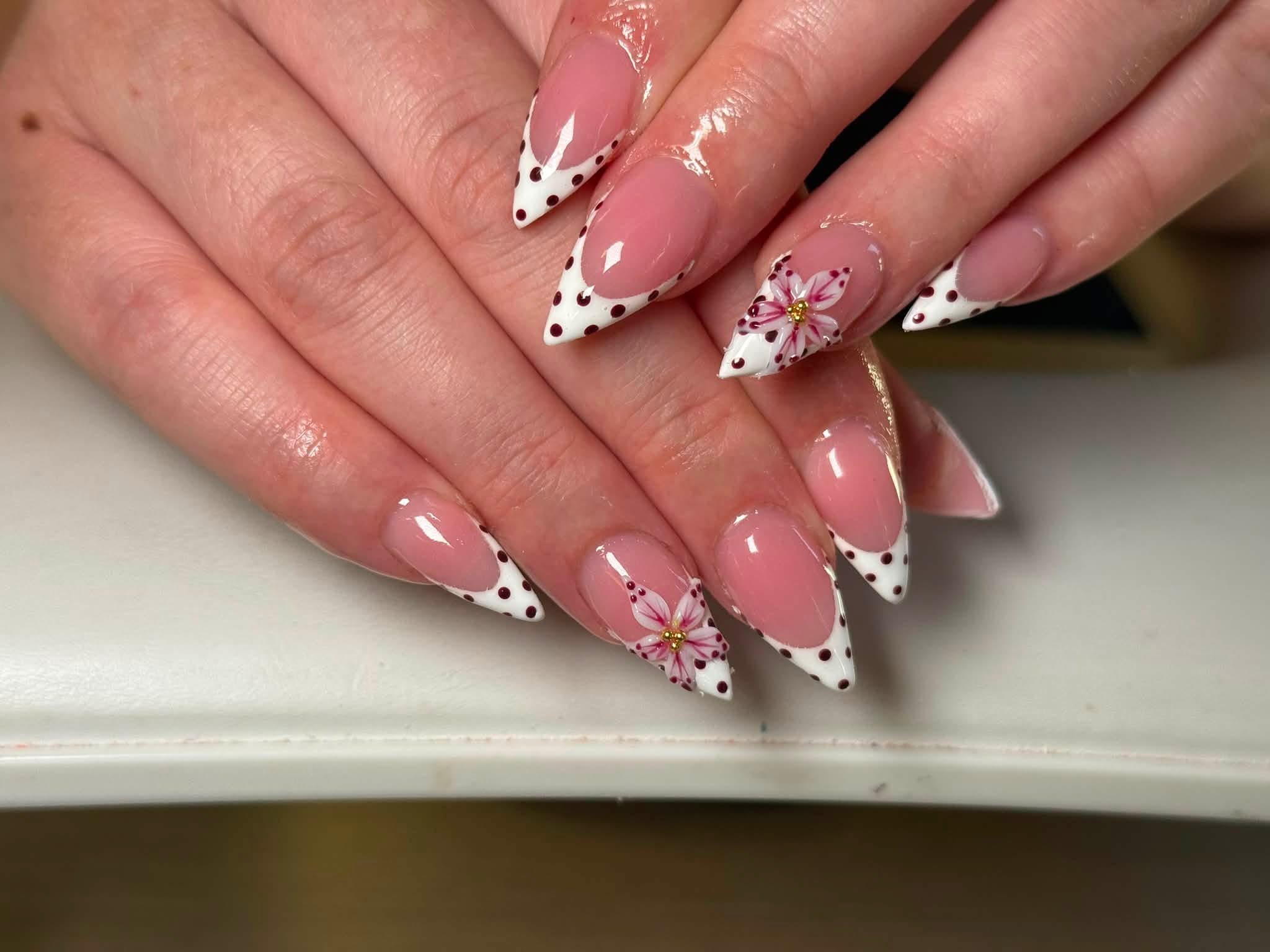 Burgundy and white floral French nail art